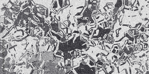 Intricate abstract grayscale pattern with a dense network of angular and curved lines forming fragmented geometric shapes with a granular noise overlay