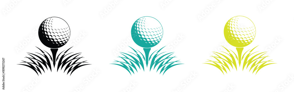 Fototapeta premium Golf ball on tee in grass graphic. Golf ball on tee vector illustrations in different colors. golf ball tee icon vector illustration. Golf Ball Icon Vector Design.