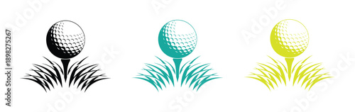 Golf ball on tee in grass  graphic. Golf ball on tee vector illustrations in different colors. golf ball tee icon vector illustration. Golf Ball Icon Vector Design.