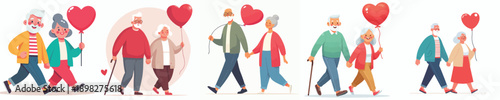 vector of a old couple walking together and holding valentine love balloons