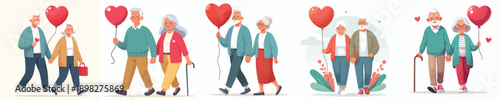 vector of a old couple walking together and holding valentine love balloons
