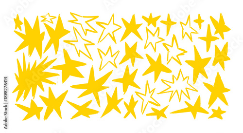 Hand drawn chalk stars. Crayon collage in a dynamic sticker look featuring a large collection of yellow doodle stars in varied sizes and expressive shapes on white background. Raw sketch textures