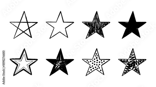 Hand drawn chalk star icons with rough sketch and crayon texture. Doodle style black star shapes in an imperfect handmade look, isolated on white background, ideal for stickers, kids illustration