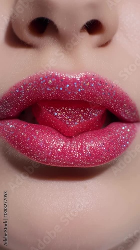 Pink glitter lips holding heart shaped candy for valentine romance sensual beauty close up
