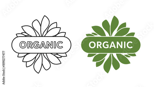 Collection of two distinct organic food certification labels one outlined and one solid green representing natural healthy agricultural product quality standards for consumers.