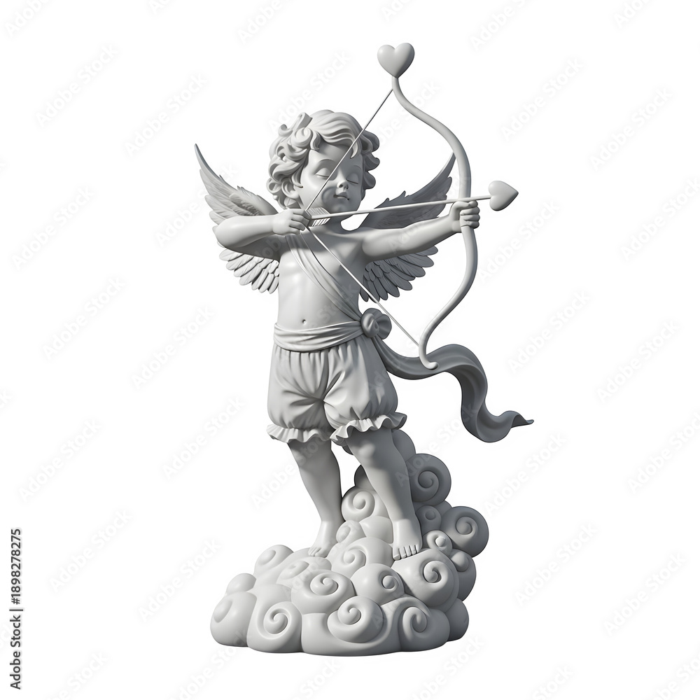 Fototapeta premium Romantic white cupid statue aiming a bow and arrow, classic angel of love sculpture symbolizing passion and romance, isolated on white or transparent background. PNG format.