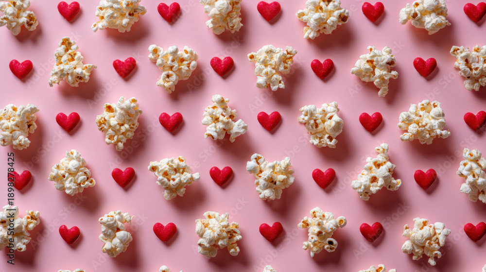 Fototapeta premium Overhead flat lay of popcorn and hearts for a romantic valentine movie night date concept