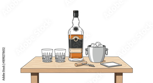 Still Life Illustration of a Whiskey Bottle Two Crystal Glasses an Ice Bucket and a Corkscrew on a Wooden Table Representing a Sophisticated Social Setting.