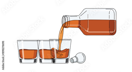 Close Up Illustration of a Glass Bottle Pouring Amber Liquid into Three Short Glasses Representing Hospitality Celebration and Social Drinking Occasions.