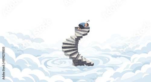 Minimalist Illustration of a Person Sleeping Peacefully on Top of a Spiral Staircase Floating Among White Clouds Representing Deep Rest and Dreamy Serenity.