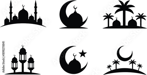 Collection of islamic symbols mosques, crescent moons, stars, and palm trees silhouettes