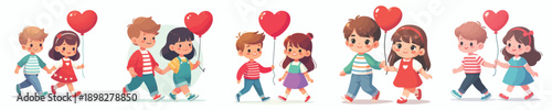 vector of 2 children walking together and holding valentine love balloons