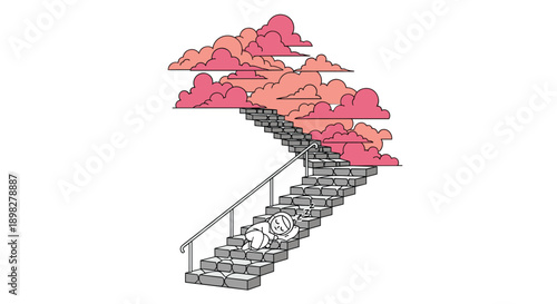 Dreamy Illustration of a Person Sleeping on a Stone Staircase Leading Up into Soft Pink Clouds Representing Relaxation Peace and the Journey to Dreams.