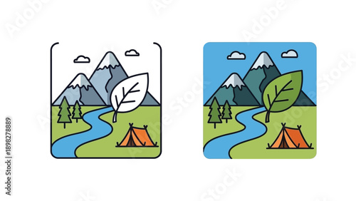 Comparing minimalist line art icon design versus full color flat illustration for outdoor nature camping scene elements