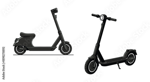 Two views of a black electric scooter with green accents shown in illustration