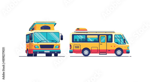 Two black and white illustrations of recreational vehicles an rv and a camper