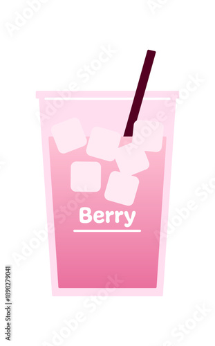 シンプルなテイクアウト用氷入りストロベリーラテのベクターイラスト。ピンクのドリンク。