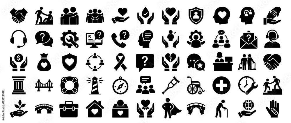 Obraz premium Comprehensive Collection of Charity and Support Icons Featuring Symbols for Help, Healthcare, Community, and Social Responsibility