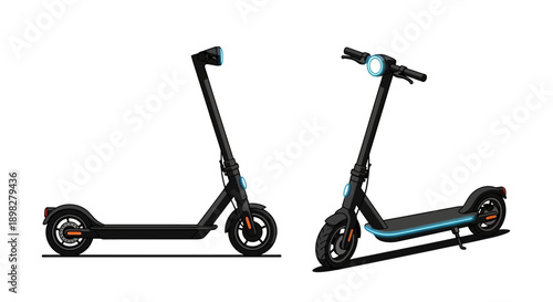 Two views of a modern black electric scooter with orange accents