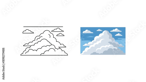 Comparison of detailed cartoon cumulus cloud outline template beside a fully rendered illustration showing layered white and gray atmospheric formations against a blue sky