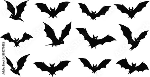 Bat silhouette icon set, dynamic wing poses and flying styles, black vector illustration, Halloween and nocturnal theme, isolated on white background