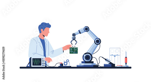 Engineer Working with a High Tech Robotic Arm to Assemble a Circuit Board in a Modern Laboratory Setting with Electronic Testing Equipment and Tools.