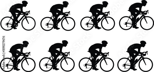 Cyclist silhouette icon set, racing posture on bicycles, black vector illustration, sports and motion theme, isolated on white background