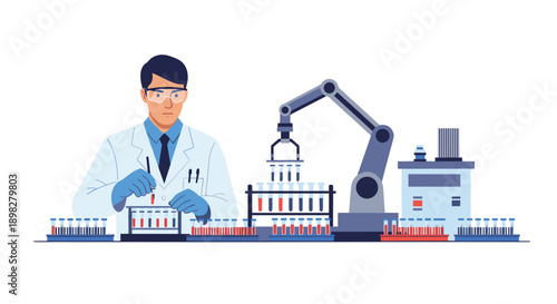 Professional Scientist Working in a Modern Laboratory Using a Robotic Arm for Precise Liquid Handling and Testing with Numerous Test Tubes and High Tech Equipment.