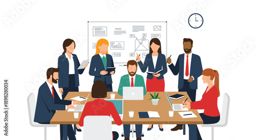 Diverse Business Team Having a Productive Meeting Around a Conference Table in a Modern Office with a Whiteboard Presentation and Clock Displaying Workplace