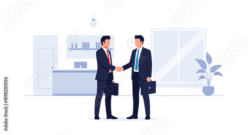 Two Businessmen Shaking Hands in a Modern Office Environment Featuring a Reception Desk and Indoor Plants Representing Successful Corporate Interaction and Deal Closing.