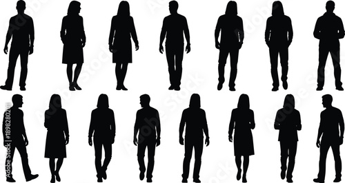 Walking figure silhouette icon set, diverse postures and clothing styles, black vector illustration, gait and motion theme, isolated on white background