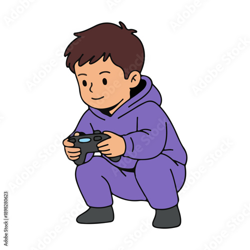 Young boy in purple hoodie intensely playing video games with a controller.