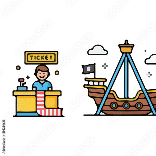 Amusement Park Fun - Ticket Booth and Pirate Ship Ride.