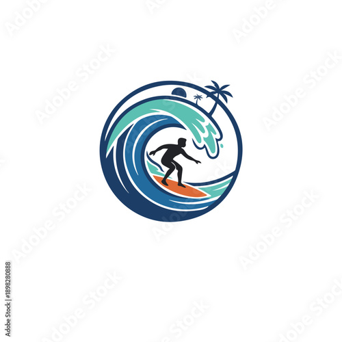 Surfer riding ocean wave with palm tree and sun in circular logo.