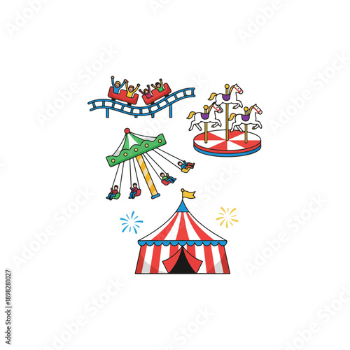 Colorful carnival ride attractions displayed.