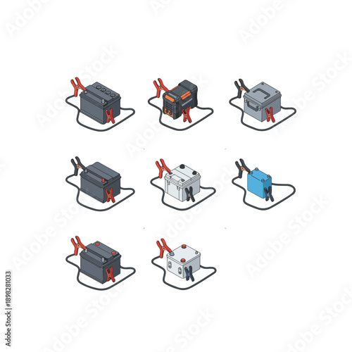 Collection of various portable car battery chargers in different colors and designs.