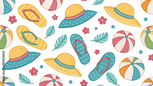 Vibrant summer accessories and beachwear pattern illustration