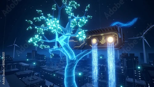 Glowing Tree with Electric Circuits and Wind Turbines in Futuristic Cityscape at Night
