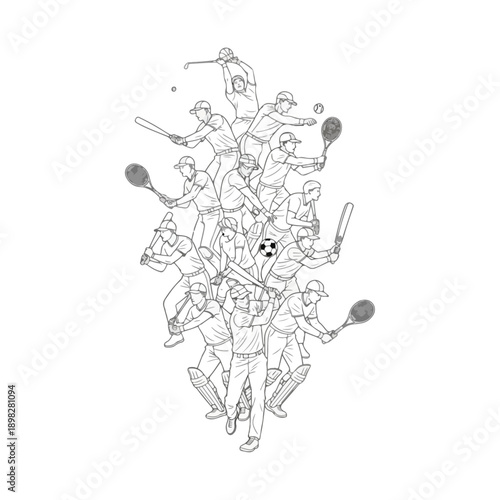 Dynamic Line Art Illustration of Diverse Athletes Engaged in Various Sports Activities.
