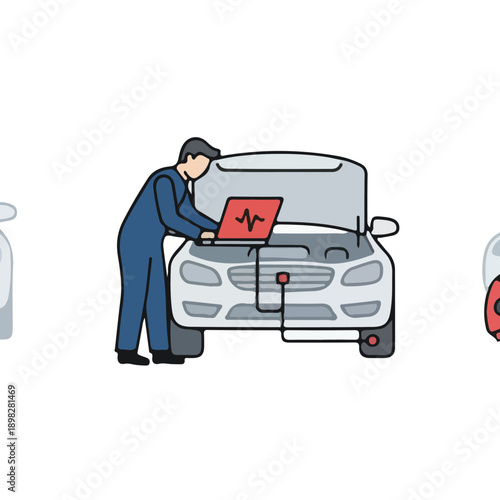 Mechanic performing car diagnostics with a laptop.