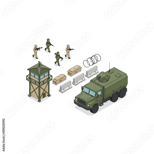 Military vehicle and soldiers on mission.