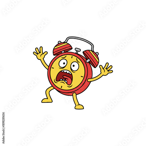 Scared cartoon alarm clock with wide eyes and open mouth.