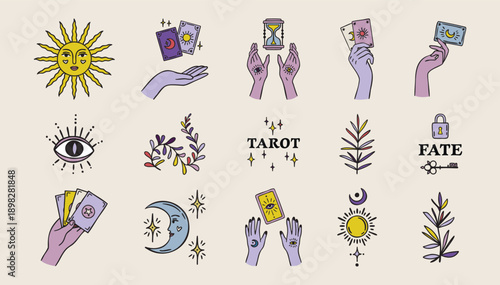 Boho set of tarot and plants, witch hands, fortune teller elements, astrology theme, hand drawn