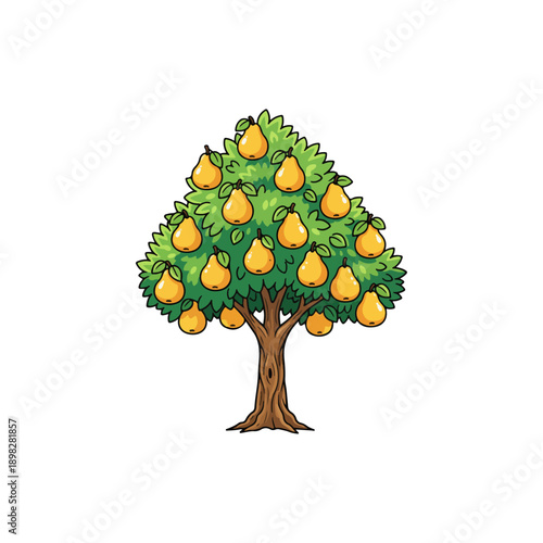 Vibrant cartoon pear tree laden with ripe yellow fruit.