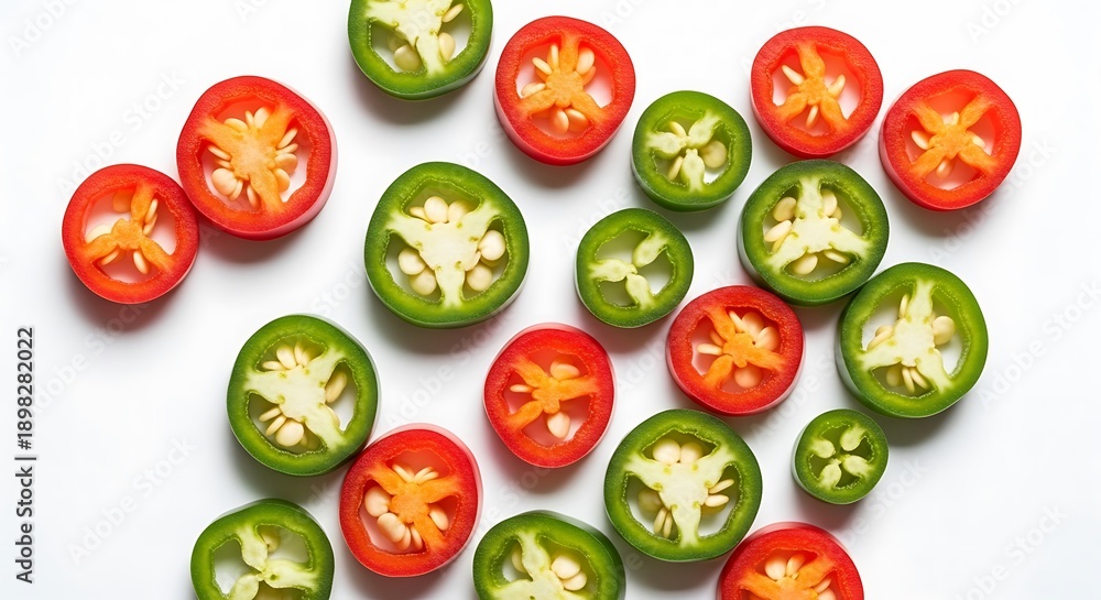 Fototapeta premium Sliced Green and Red Jalapeno Peppers on White Background