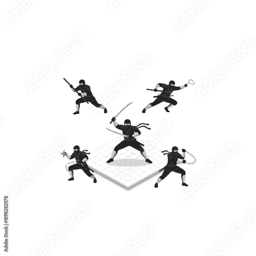 Dynamic Ninja Warriors in Various Action Poses.