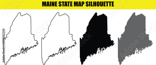 Maine state map silhouette set different styles includes outline solid and dotted vector illustration for various uses