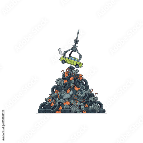 Industrial claw crane lifting a car from a large pile of scrap metal and tires.