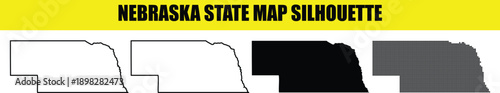 Nebraska state map silhouette vector set with outline solid black and pixelated versions isolated on transparent background