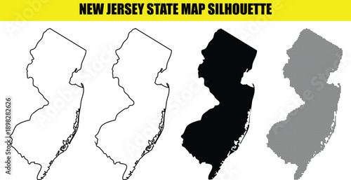 New Jersey state map silhouette set different styles includes outline solid and dotted vector illustration for various uses
